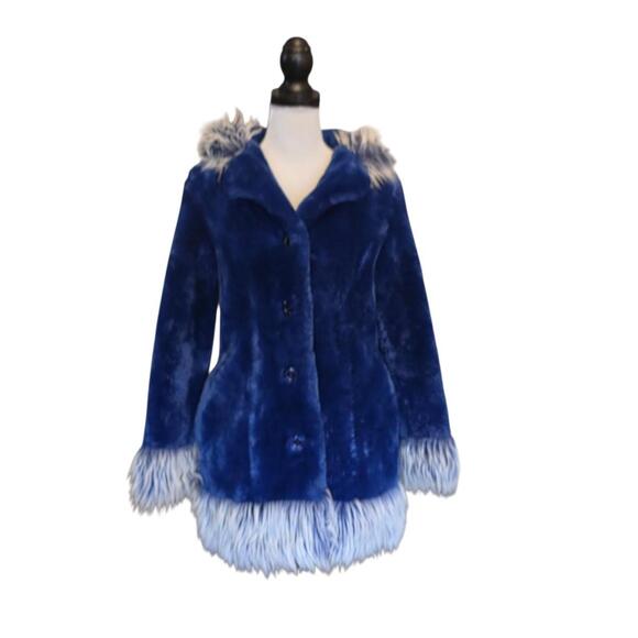 Vintage 90's Blue Faux Fur Hooded Coat Winter Shaggy Trim Sz Small - Picture 2 of 8